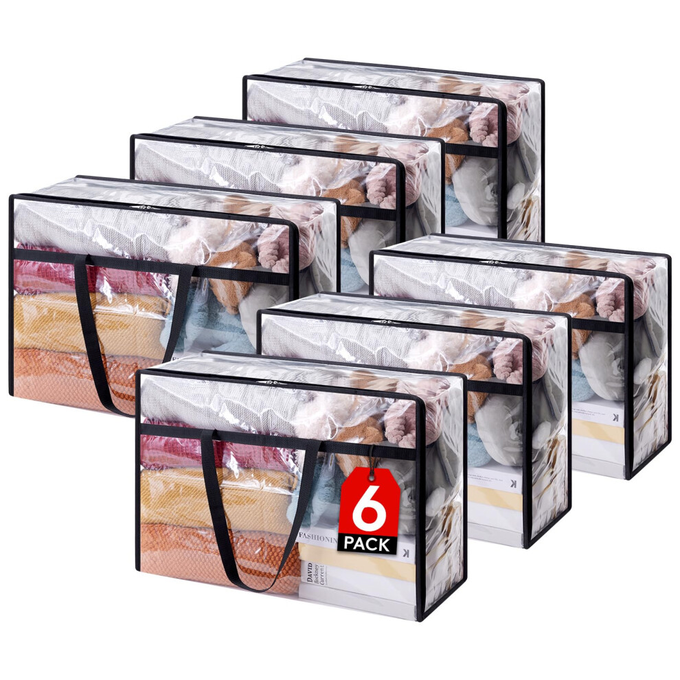 Lifewit 6 Pack Clear Plastic Storage Bags, 60L Foldable Clothes Storage Boxes Wardrobe Storage Organizer Moving Bags with Reinforced Handle for Loft