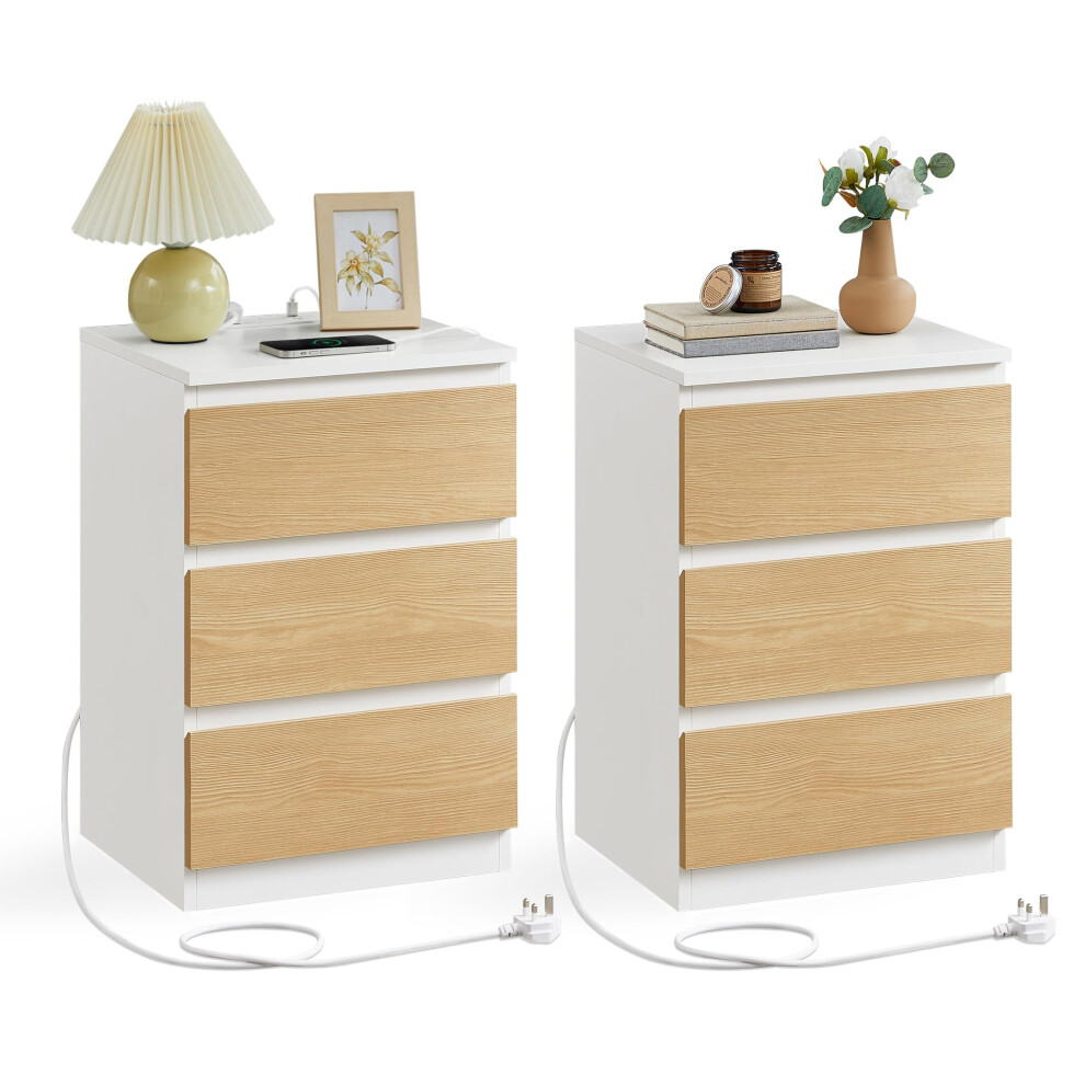 VASAGLE KAILYN Collection - Bedside Tables with Power Strip, Set of 2 Side End Tables with Drawers, 2 AC Outlets, 2 USB Ports, for Living Room, Bedro