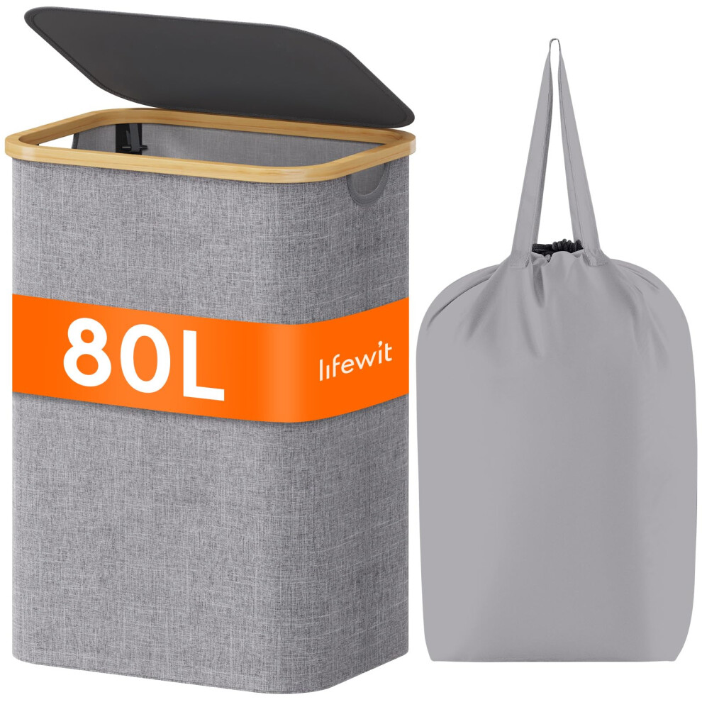 Lifewit 80L Laundry Basket with Lid, Clothes Hampers for Laundry with Bamboo Handles and Removable Laundry Bags, Large Foldable Laundry Hamper for Be