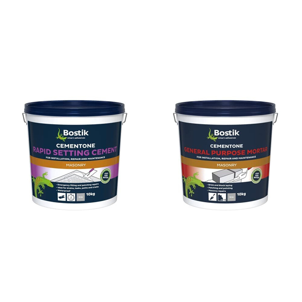 Bostik Cementone Rapid Setting Cement, For Interior & Exterior Use, Waterproof, Colour: Grey, 10kg & Cementone General Purpose Mortar, Pre-Mixed, 10k