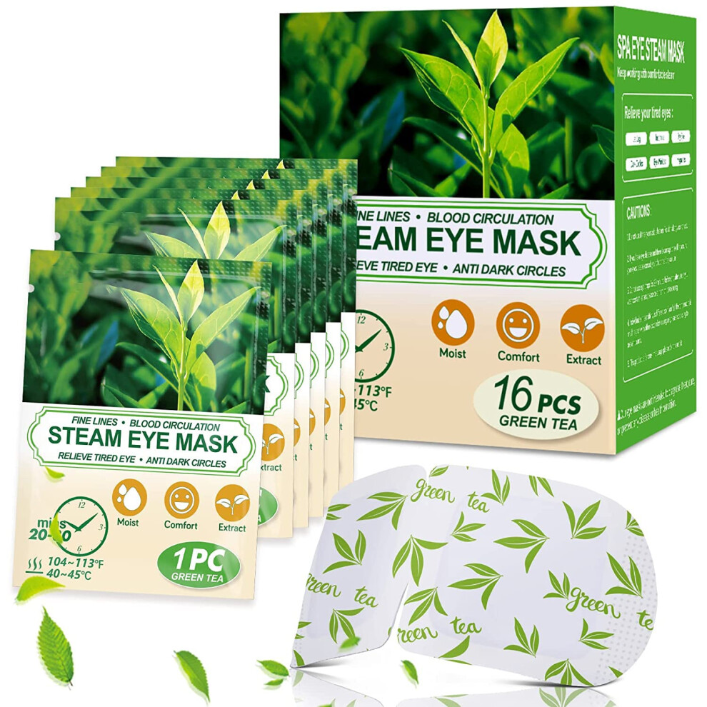 Prociv Green 16 Packs Steam Eye Masks For Dry Eyes, Tea Warm Eye Mask, Relief Eye Fatigue Hot Sleep Mask For Puffy Eyes Mask, Disposable Moist Heatin