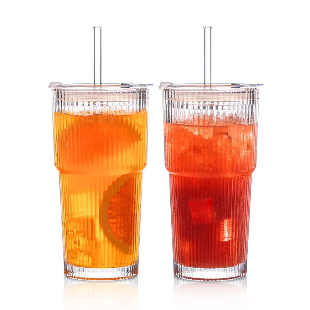 INSETLAN 2PCS 600ML Ribbed Glass Tumblers with Lids and Glass Straws, Leakproof Glass Cups, Coffee Glasses, Iced Coffee Cup, Glass Tumbler with Straw