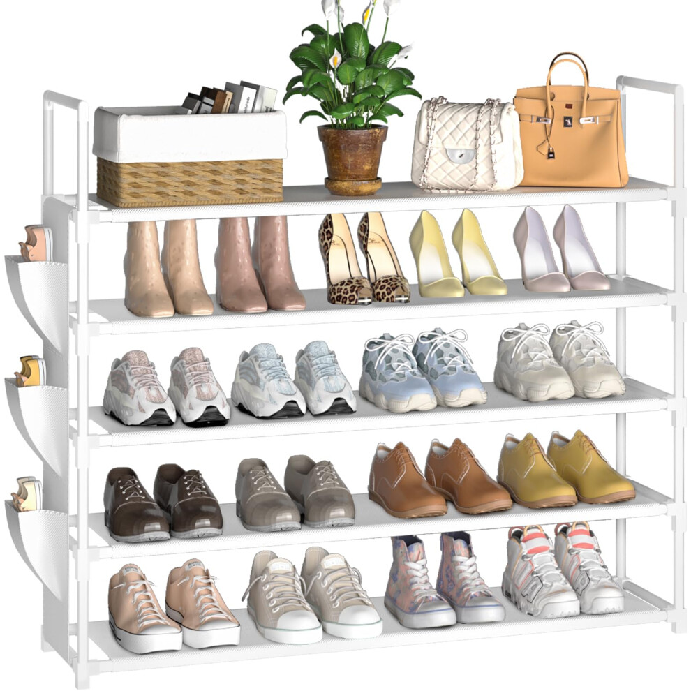 OYREL 5 Tier Shoe Organizer, 33.3in Wide x 11.2in Deep x 35.6in Tall, Black Metal and Plastic Shoe Rack with Side Bag, Holds 20-25 Pairs of Shoes