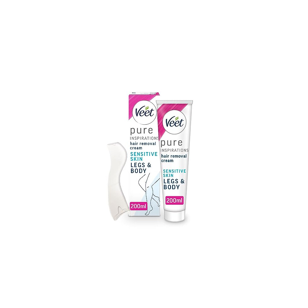 Veet Pure Sensitive Hair Removal Cream 200 ml - Leg Depilatory for Smooth, Exfoliated, and Hydrated Results with Shea Butter
