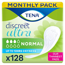 TENA Discreet Ultra - 128 pads in a monthly pack (8 x 16 pieces), individually packaged - hygiene pads for women - for mild to moderate bladder weakn