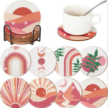 (Multicolor, one-size) Pastel Color Sun Landscape Pattern DIY Diamond Arts Colorful Painting Coaster, Round Table Decorative Cup Mat with Stand,Modern Tableware