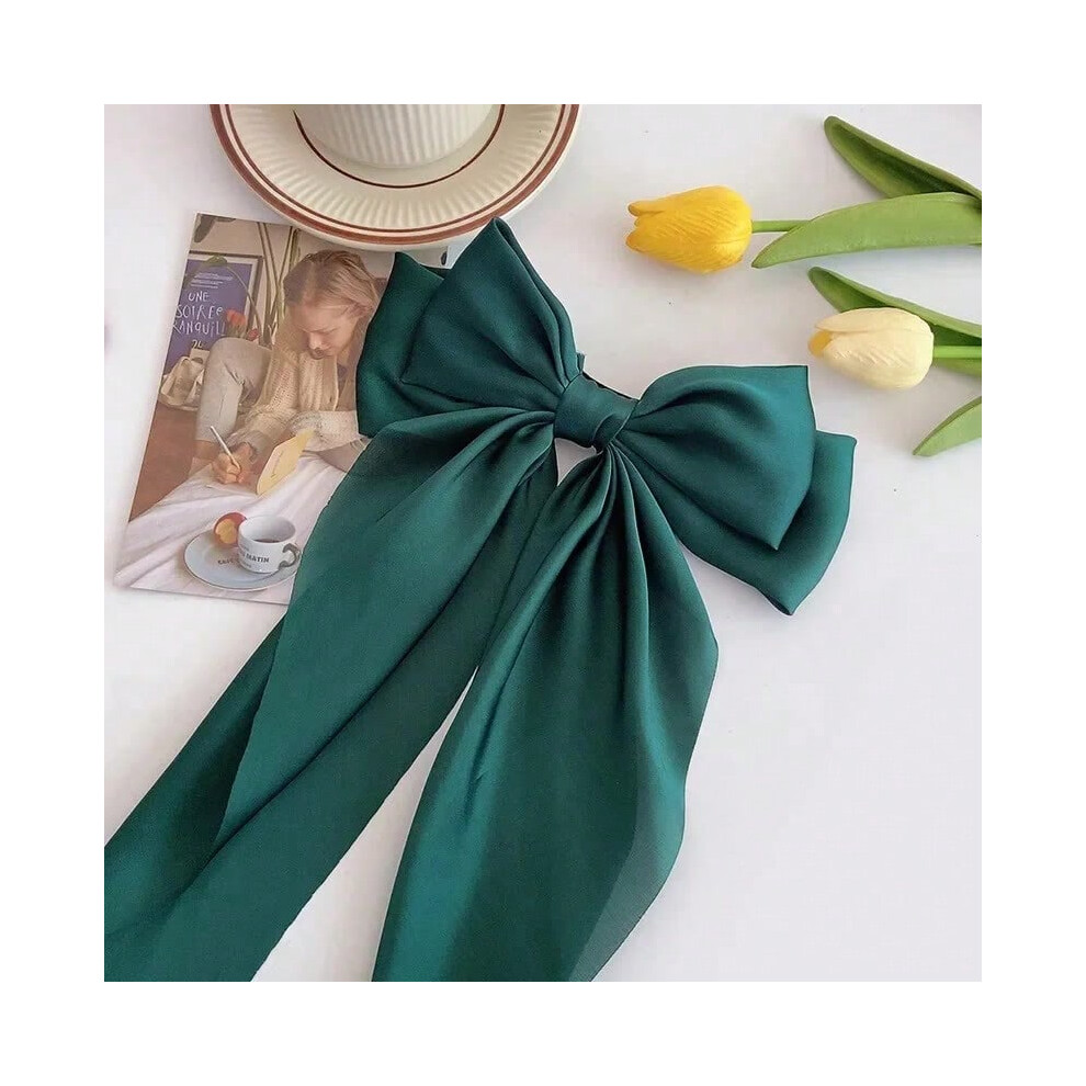 (green) Elegant Solid Large Bow Ribbon Hair Clip For Women Girl Sweet Headbands Soft Satin Hairpin Hairgrip Fashion Hair Accessories