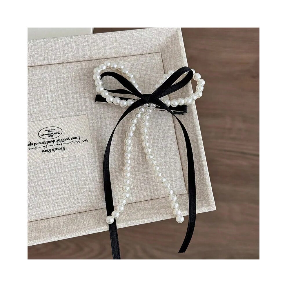 (black) Fairy Spare Ribbon Bowknot Pearl Barrettes Female Back Head 2025 New Arrival Girlish Style Side Clip Duckbill Clip