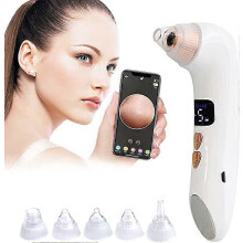 (As show, One size) Electric facial export device (white), visual auxiliary heating with camera, USB rechargeable with 5 gears and 6 suction heads
