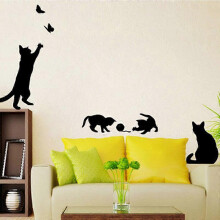 (As show, One size) Interesting cat jumping wall stickers, living room cat sticker decoration, wallpaper art switch stickers, black vinyl butterfly decoration