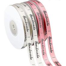 (As show, One size) 4 rolls of decorative satin ribbons, hand printed polyester ribbons, used for gift packaging, pink and beige, each roll is 22m long