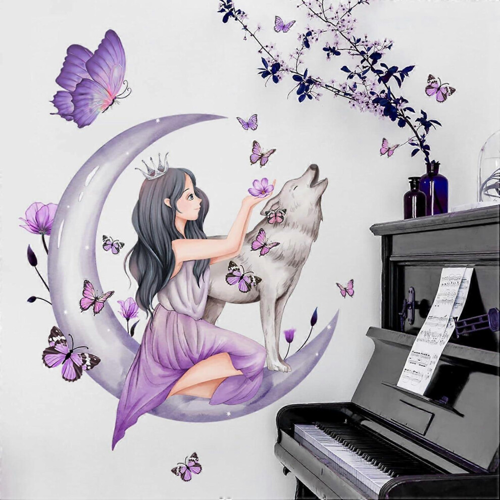 (As show, One size) Butterfly Girl Wall Stickers,Moon Wolf Flower Fairy Wall Decal,Pink Floral Wall Mural Colorful Butterflies Wall Decor, DIY Removab