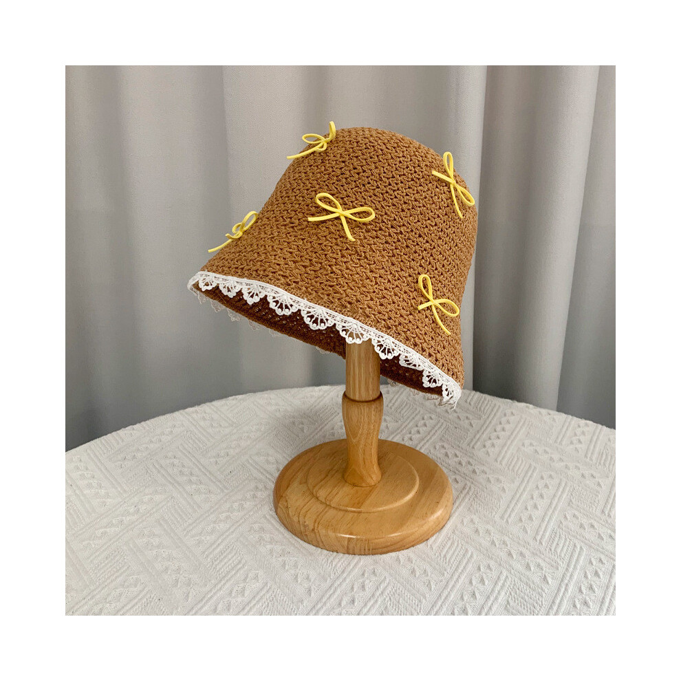 (Khaki)Chapeau été femme pêcheur mode noeud décoration chapeau respirant tricoté