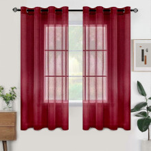 (As show, One size) Red 150x250cm Set of 2 Eyelet Voile Curtains Semi-Transparent Interior Curtain for Bedroom Living Room Home