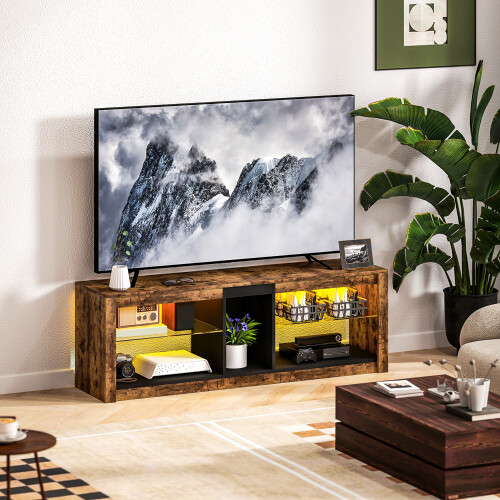 Homcom HOMCOM TV Stand, Entertainment Centre with LED Lights, Rustic Brown