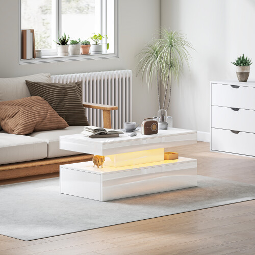 Homcom HOMCOM LED Coffee Table with Storage, High Gloss Living Room Table, White