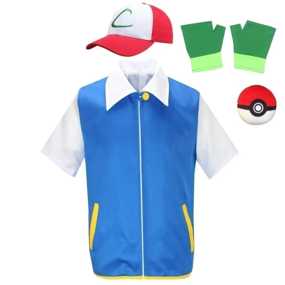 Photos - Fancy Dress  Cosplay Anime Ash Ketchum Clothes Men Blue Jacket Costume Boys Girls Cosplay for Party Trainer Pokemo(full set as show, XL)
