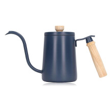 (As show, One size) 600ml Blue 304 Stainless Steel Gooseneck Coffee Pour Over Kettle With Wood Handle