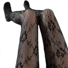 (Black, One size) Women Lolita Hollow Out Floral Lace Pantyhose Fishnet Kawaii Tights Stockings