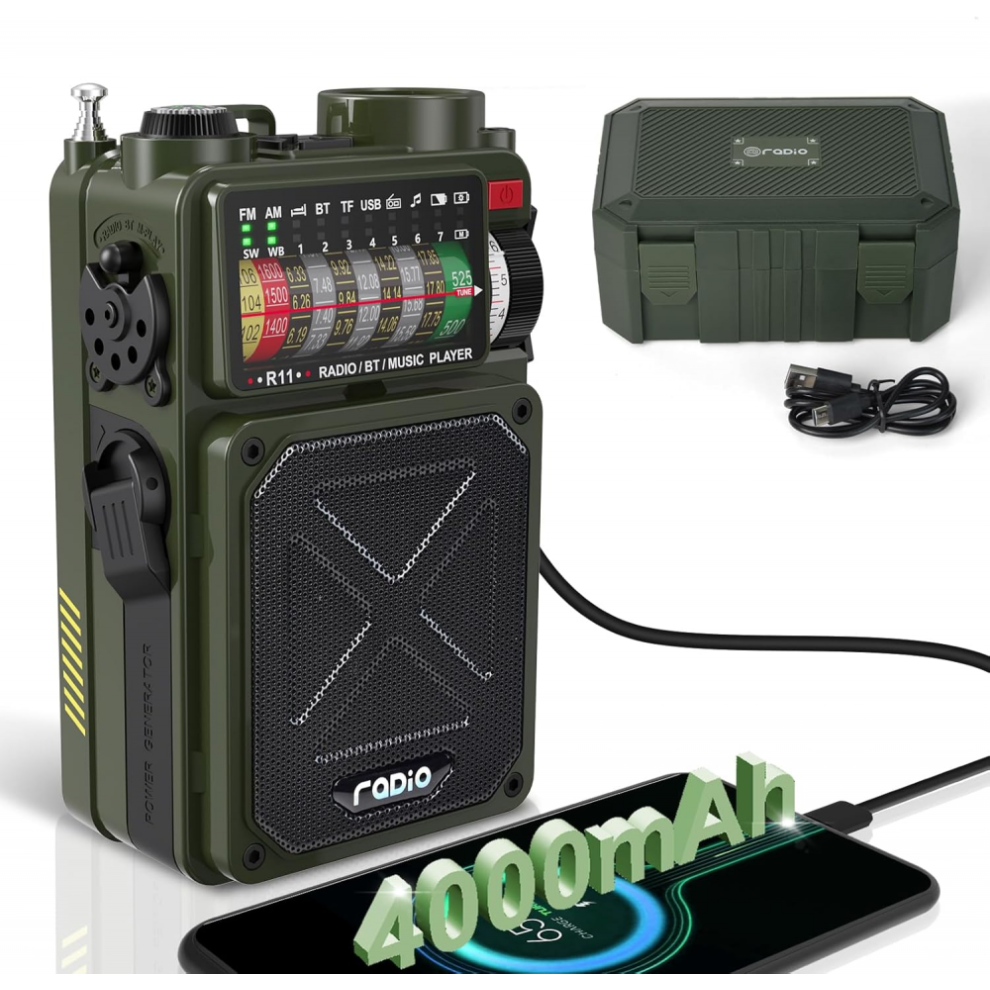 Emergency Hand Crank Radio - 4000Mah/14800Mwh Am/Fm/Wb/Sw/Noaa Weather Radio With Bluetooth, Flashlight, Sos Alert Hand Crank And Solar Powered 9492778506340