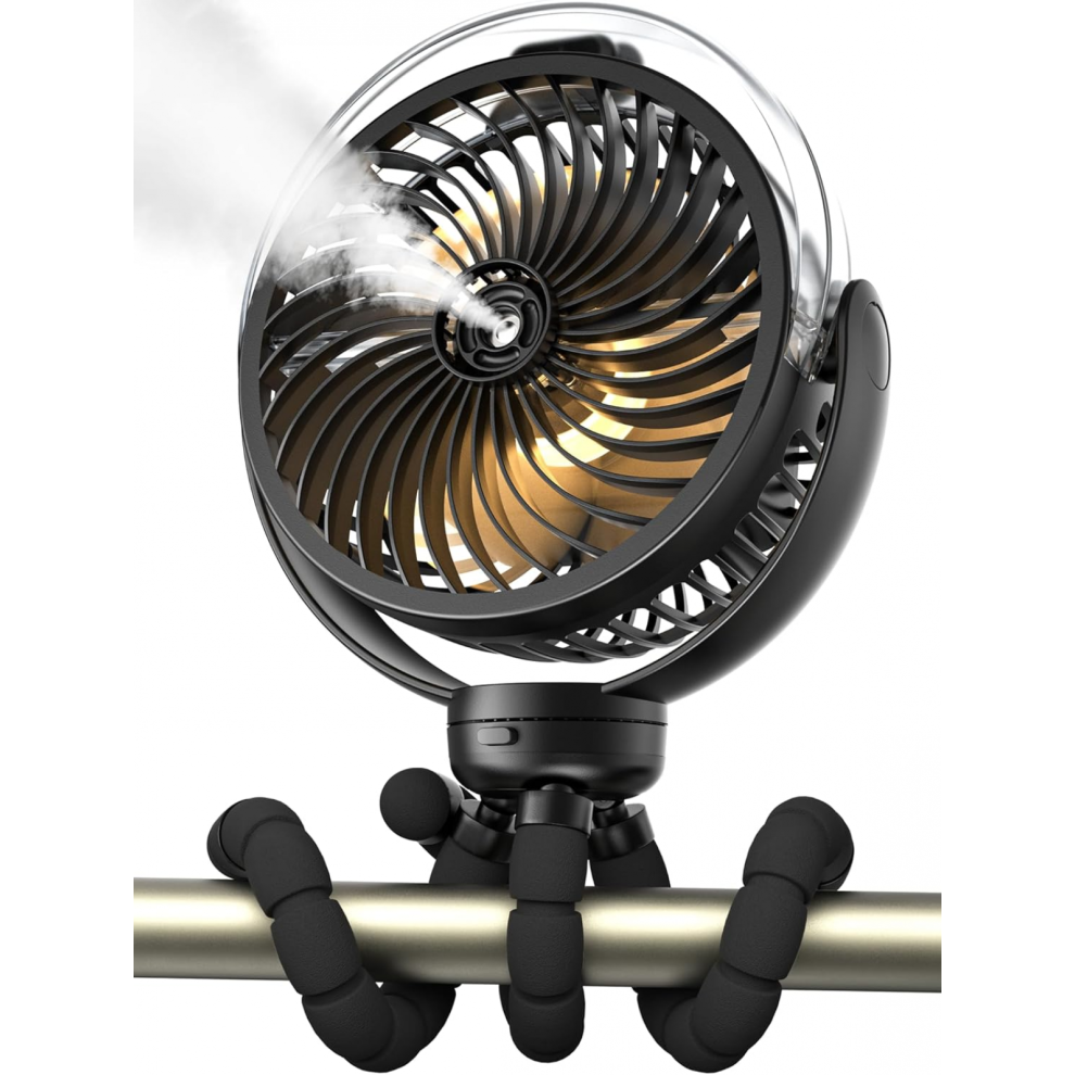 Misting Stroller Fan, 6000mAh Battery Operated Portable Fan with Light & 360 Pivoting, Personal Fans with Flexible Tripod