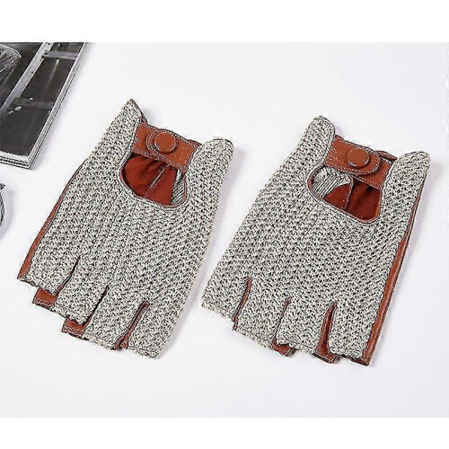 (L) Men Genuine Goatskin Leather Gloves Half Finger Hook-loop 2