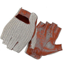 (L) Men Genuine Goatskin Leather Gloves Half Finger Hook-loop