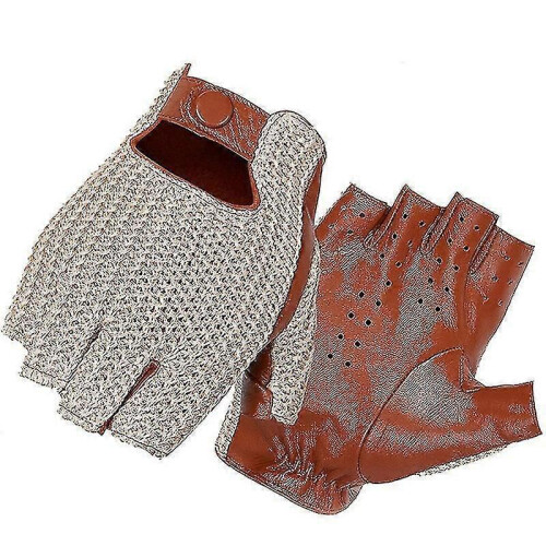(L) Men Genuine Goatskin Leather Gloves Half Finger Hook-loop