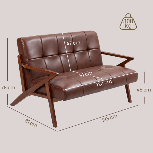 Homcom HOMCOM Compact Small Sofa with Solid Wood Frame, Vintage 2 Seater Sofa Brown 2