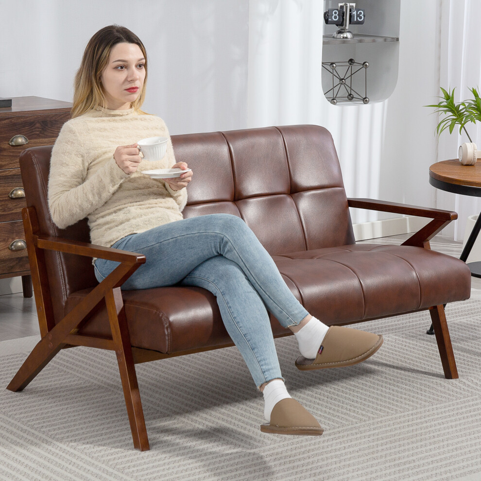 HOMCOM Compact Small Sofa with Solid Wood Frame, Vintage 2 Seater Sofa Brown