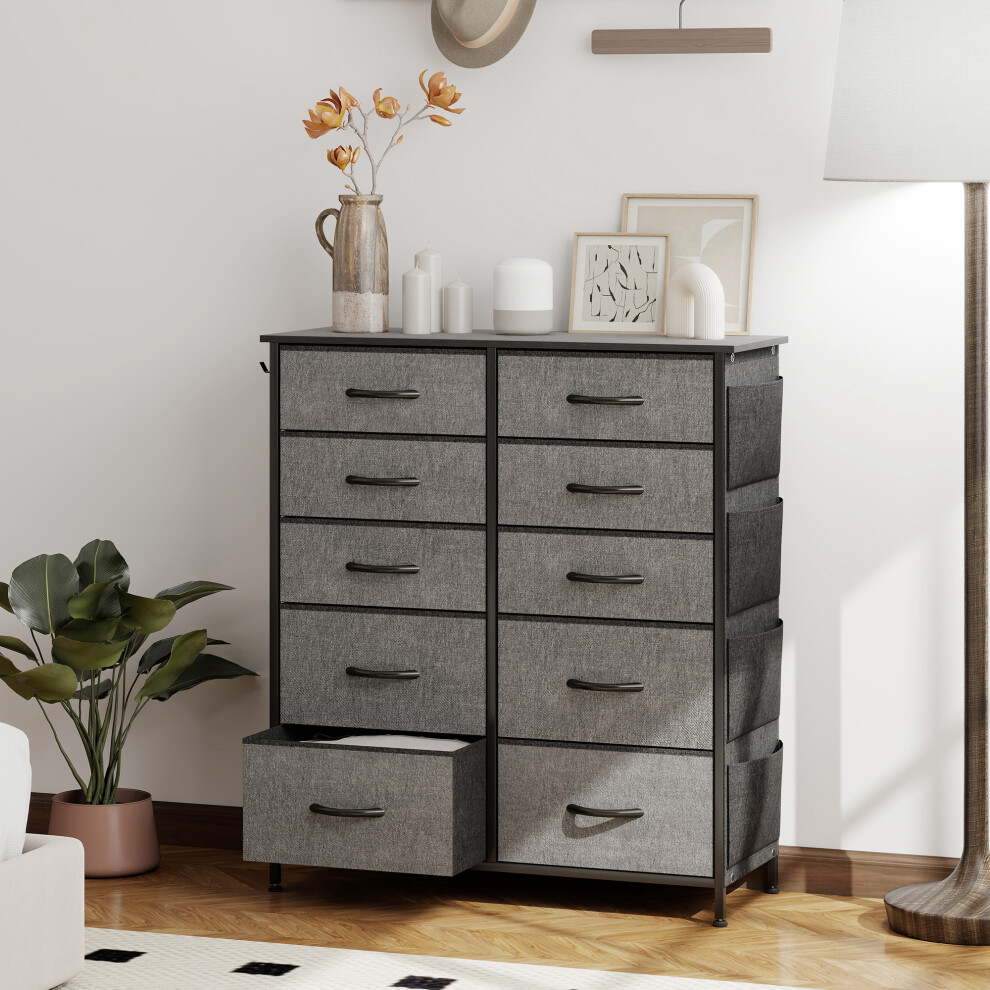 (Grey) HOMCOM Fabric Chest of Drawers, 10 Drawer Dresser for Bedroom