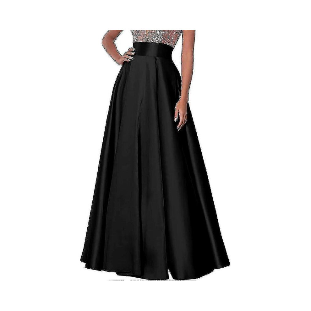 (Colour Black,XL)Women Solid Satin Long Skirt Elasticated Waist Elegant Banquet Party Evening Wedding High Waist Long Skirt