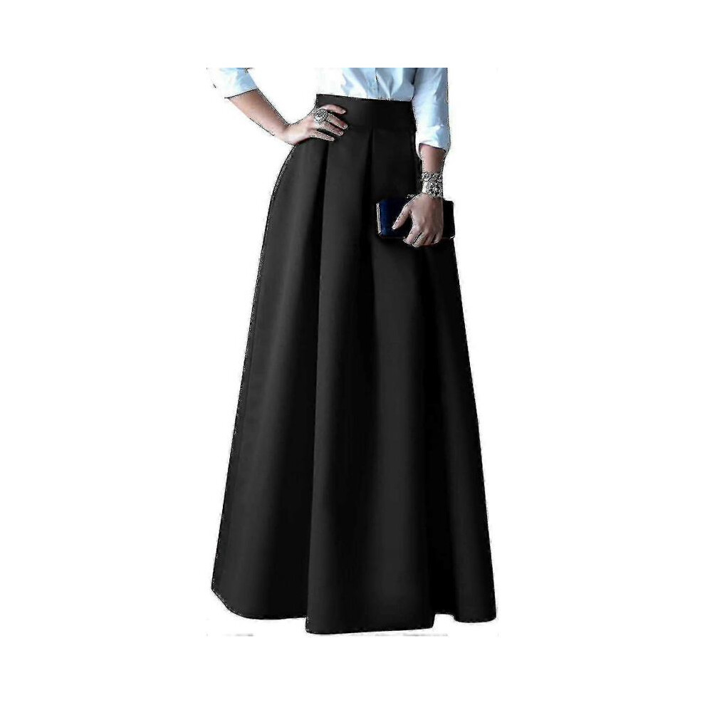 (Pleated Black,S)Women Solid Satin Long Skirt Elasticated Waist Elegant Banquet Party Evening Wedding High Waist Long Skirt