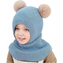 (As show, One size) Winter Baby Beanie Hat and Scarf 2 in 1 Warm Earmuffs Children's Knitted Hats Double Pompom Balaclava Balaclava for Girl Boy