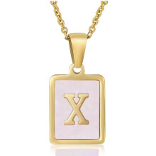 (Pink - Letter X) Women 18K Gold Plated Initial Letter Mother of Pearl A-Z Pendant Necklace Chain