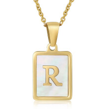 (White - Letter R) Women 18K Gold Plated Initial Letter Mother of Pearl A-Z Pendant Necklace Chain