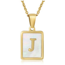 (White - Letter J) Women 18K Gold Plated Initial Letter Mother of Pearl A-Z Pendant Necklace Chain