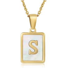 (White - Letter S) Women 18K Gold Plated Initial Letter Mother of Pearl A-Z Pendant Necklace Chain