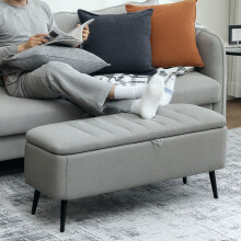 (Grey) HOMCOM Storage Ottoman Bench, Linen Fabric Footstool with Steel Legs
