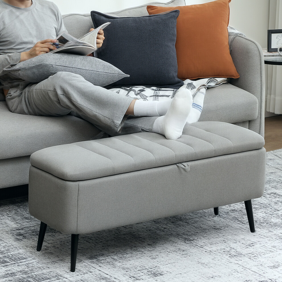 Homcom (Grey) Storage Ottoman Bench, Linen Fabric Footstool With Steel Legs