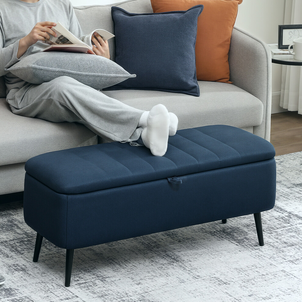 Homcom (Blue) Storage Ottoman Bench, Linen Fabric Footstool With Steel Legs Blue