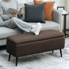 (Brown) HOMCOM Storage Ottoman Bench, Linen Fabric Footstool with Steel Legs