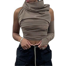 (As show, One size) Women's Hooded Blouse With Single Sleeve For Daily Wear And Club, Brown
