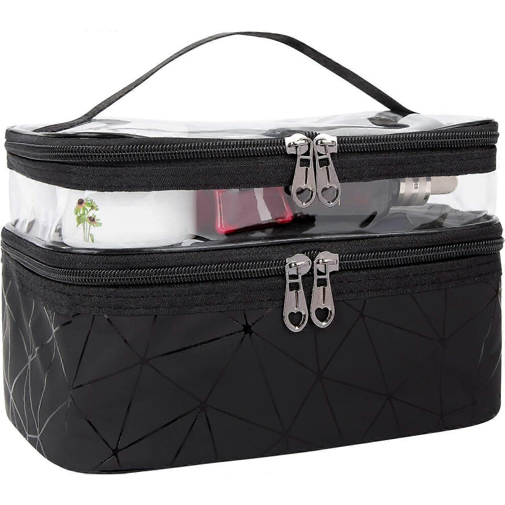 (As show, One size) BlackDouble Layer Portable Makeup Bag Waterproof Toiletry Bag Pouch Travel Cosmetic Bag Vanity Case with Brush Compartment