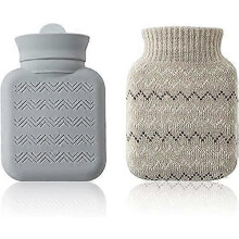 (As show, One size) (Gray)Small Hot Water Bottle, with Knitted Cover, Mini Silicone Hand Warmers, Microwaveable, Hot and Cold Therapy Water Bags, Suitable for Children an