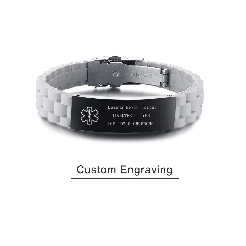 (Grey, ASTHMA) Silicone Wristband Medical Alert ID Men Women Kids Bracelet Personalized Hot
