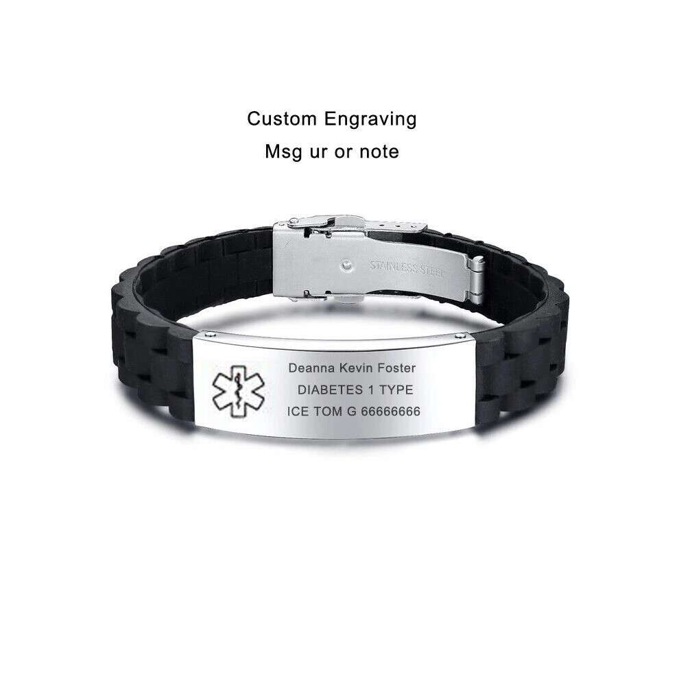 (Silver, Autism) Silicone Wristband Medical Alert ID Men Women Kids Bracelet Personalized Hot