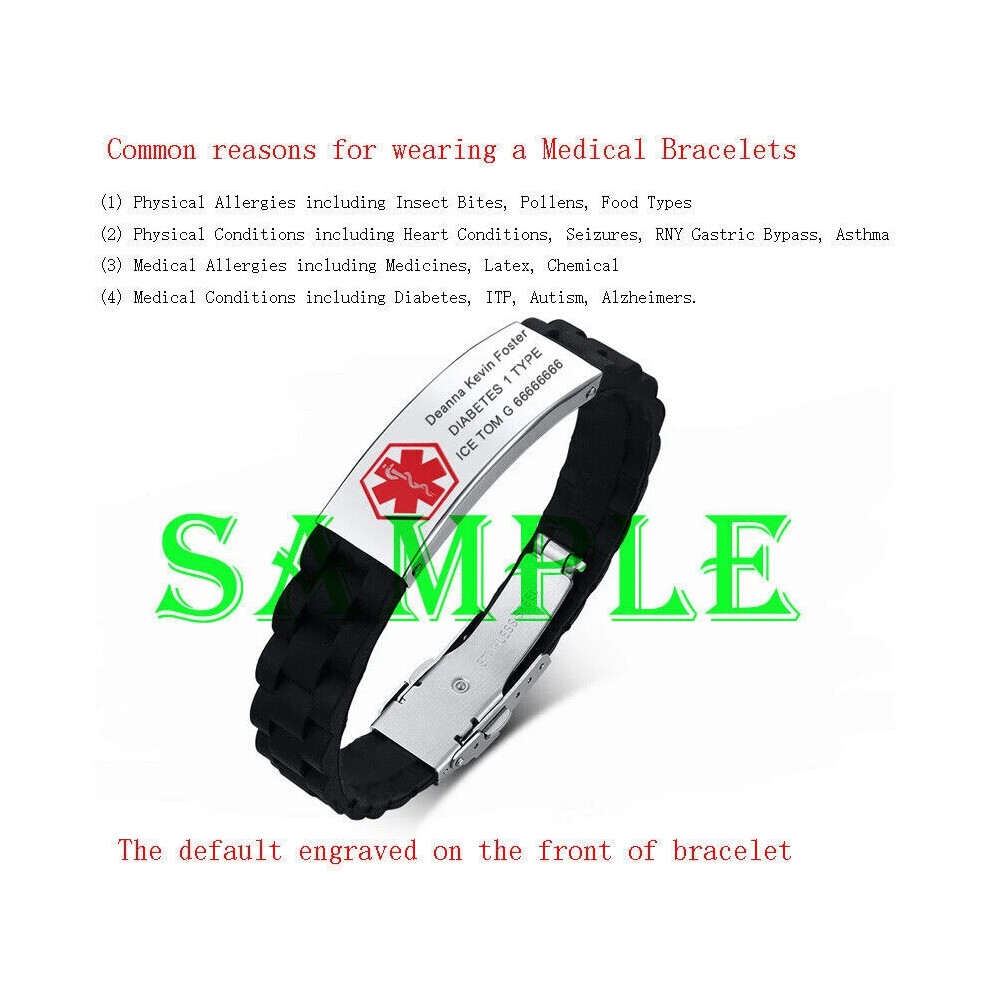 Silicone Medical Alert ID Men Women Kids Bracelet Wristband Personalized Engrave