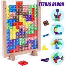 (As show, One size) Russian Tetris Blocks Kids Brain Teaser Puzzle Game With Vertical Wooden Frame Game Board, Educational Toy Gift