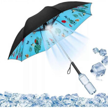 (Flamingo) 3 in 1 Umbrella Cooling with Fan and Sprayer, UV Protection Sun Umbrella with Rechargeable for Outdoor and Traveling.(Battery, 23in)